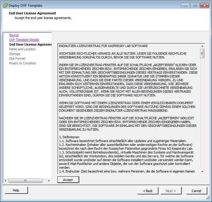 Anzeige des Endbenutzer-Lizenzvertrags für Kaspersky Security Gateway