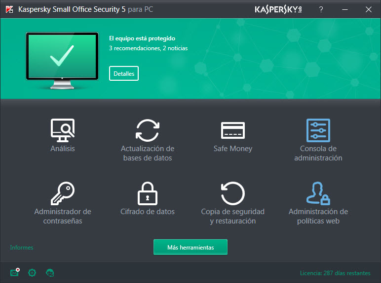 Main window of Kaspersky Small Office Security on a personal computer