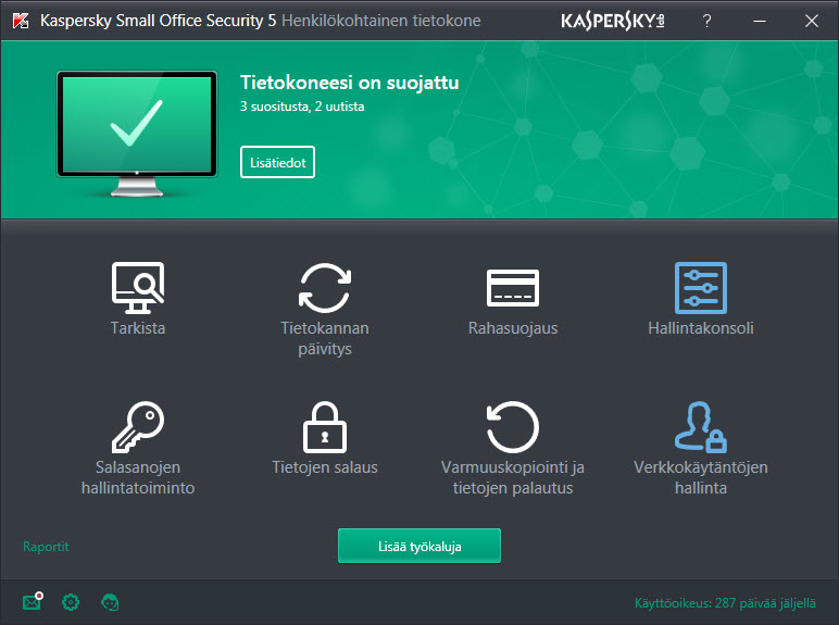Main window of Kaspersky Small Office Security on a personal computer