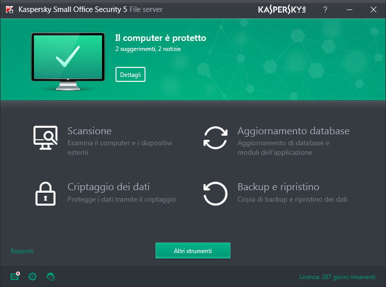 Main window of Kaspersky Small Office Security on a file server