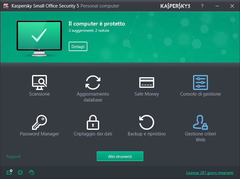 Main window of Kaspersky Small Office Security on a personal computer