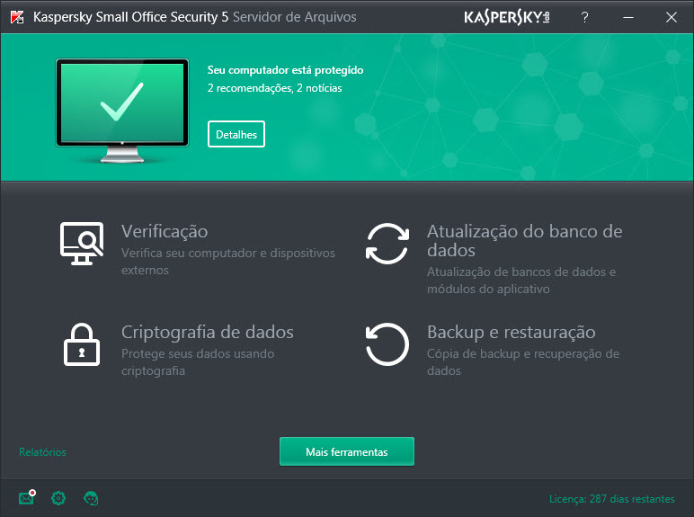 Main window of Kaspersky Small Office Security on a file server