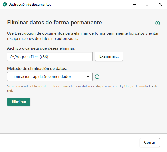 Ventana Destrucción de documentos