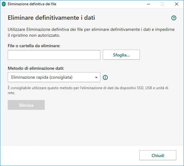 Finestra Eliminazione definitiva dei file