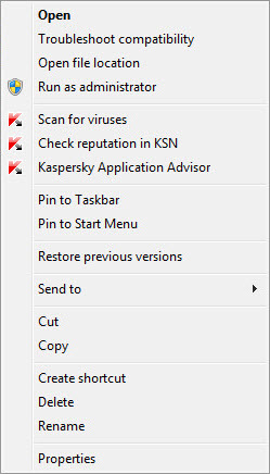 Context menu of an object in Microsoft Windows
