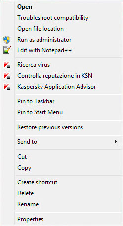 Context menu of an object in Microsoft Windows