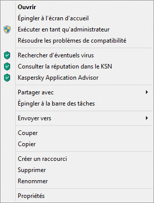 Menu contextuel de l'objet dans Microsoft Windows