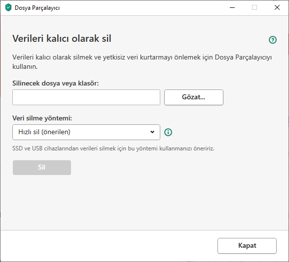 Dosya Parçalayıcı penceresi