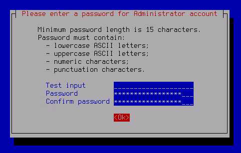 このスクリーンショットには、管理者パスワードを入力および確認するためのウィンドウが示されています。