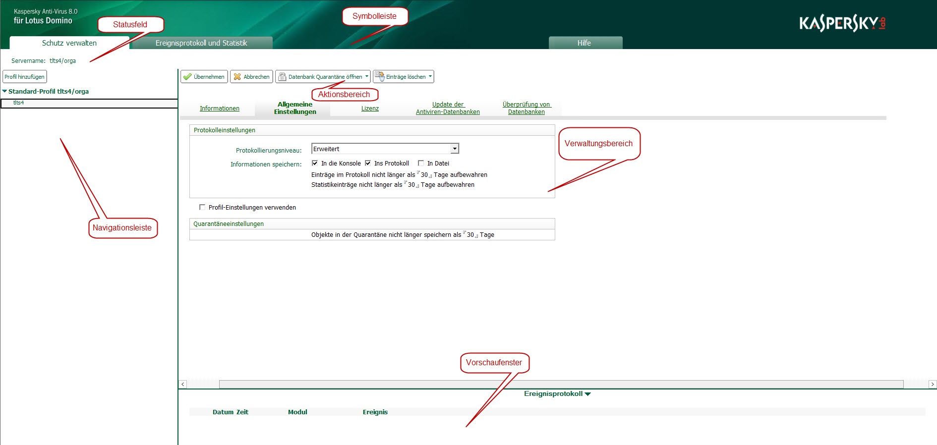 Fensterstruktur der Datenbank Control Center