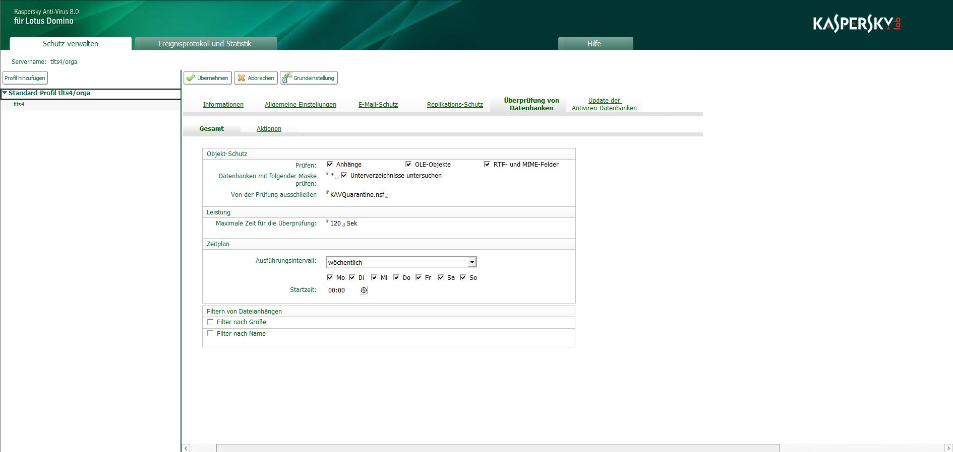 Anpassen der Leistungseinstellungen für Kaspersky Anti-Virus bei der Ausführung der Datenbank-Untersuchung