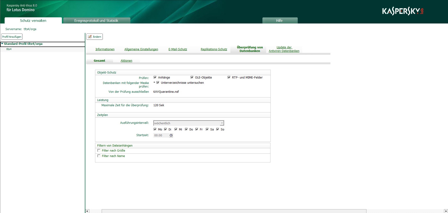 Fenster der Datenbank Control Center im Ansichtsmodus der Profil-Einstellungen.