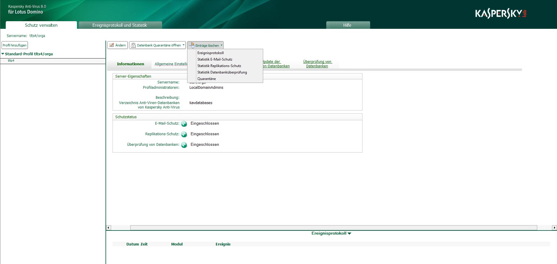 Löschen von Einträgen aus der Ereignisprotokoll- und Statistik-Datenbank