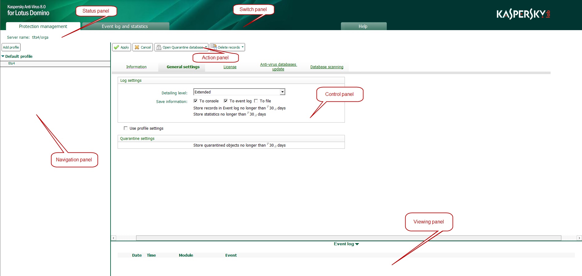 Layout of Control Center database window