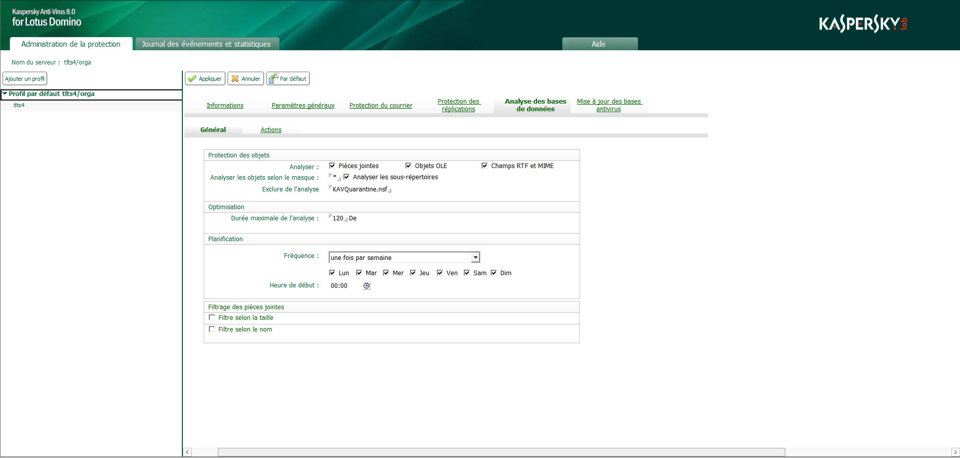 Configuration des paramètres du filtrage des pièces jointes lors de l'analyse des bases de données.