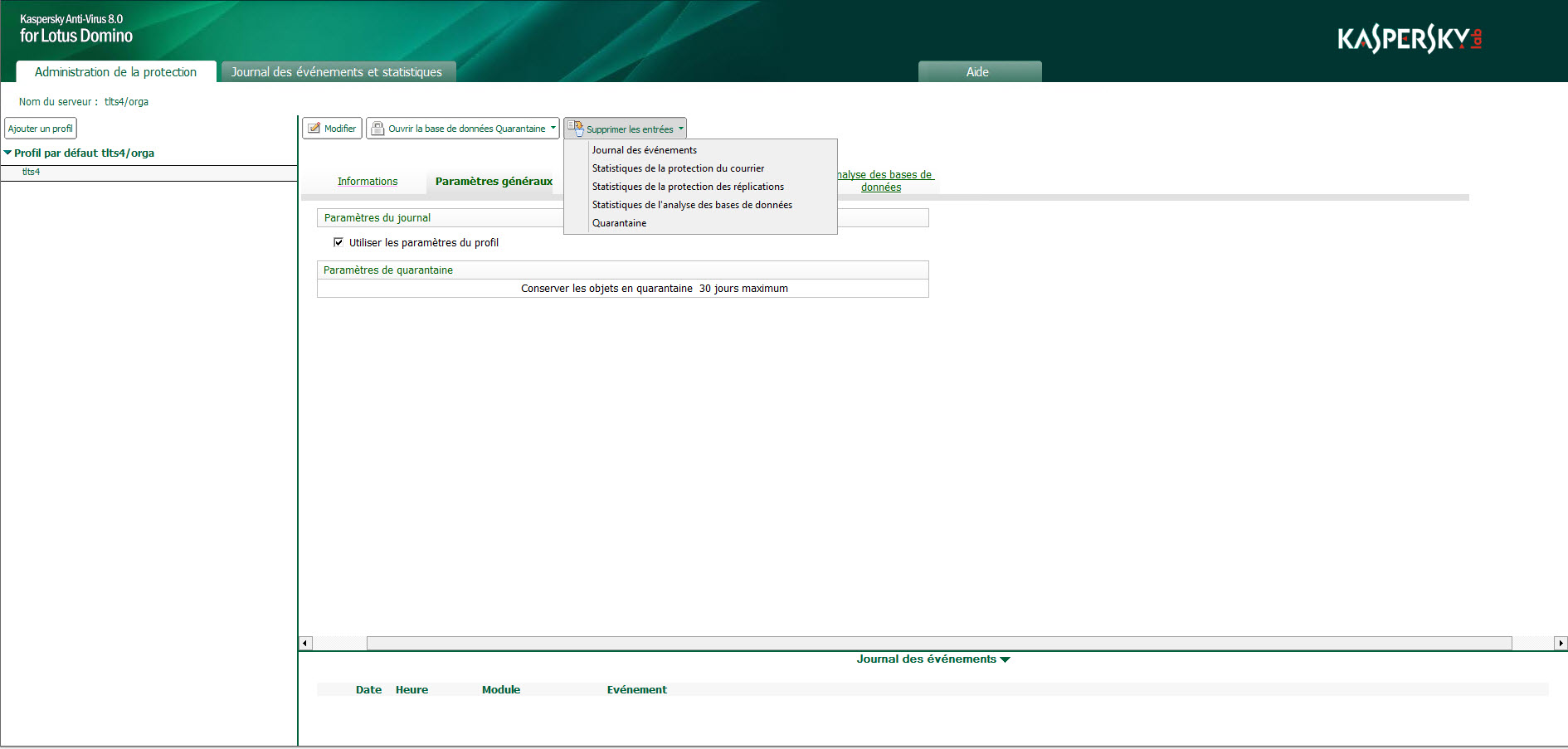 Suppression des entrées de la base de données Journal des événements et statistiques