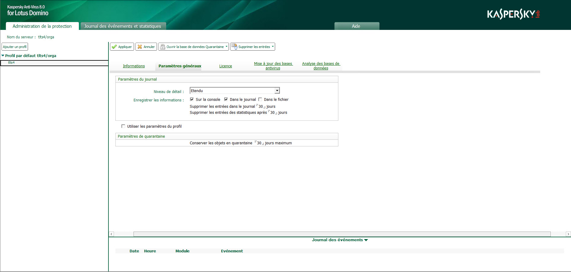 Configuration des paramètres du journal des événements pour un serveur