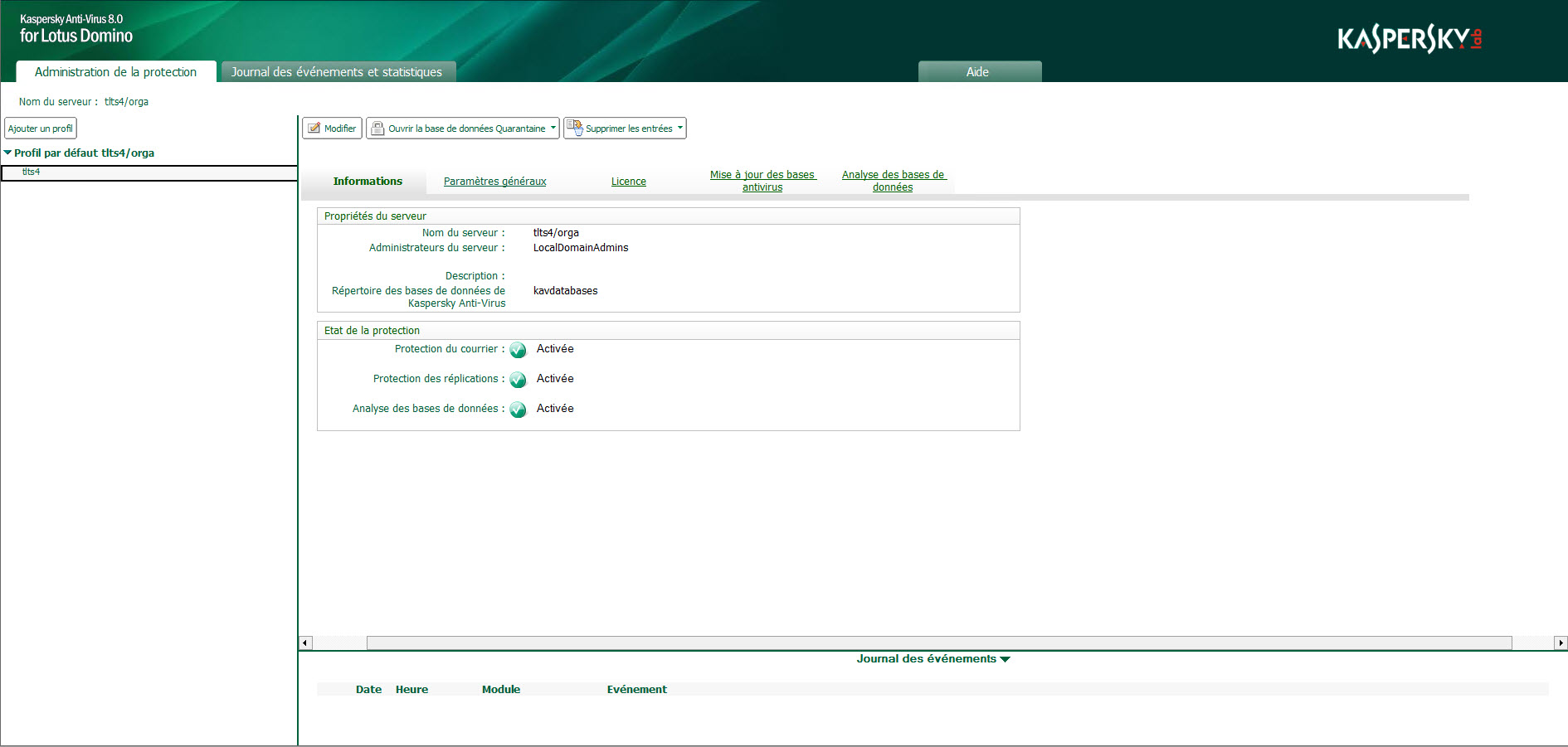Fenêtre de la base de données Centre d'administration en mode de consultation des informations sur l'état de la protection antivirus.