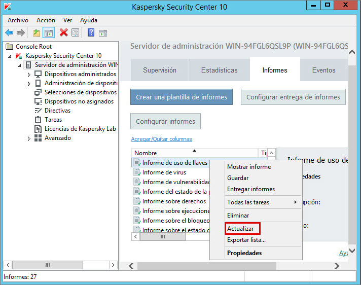Actualizar el informe sobre el uso de claves de licencia en Kaspersky Security Center