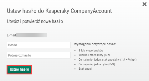Tworzenie hasła w Kaspersky CompanyAccount