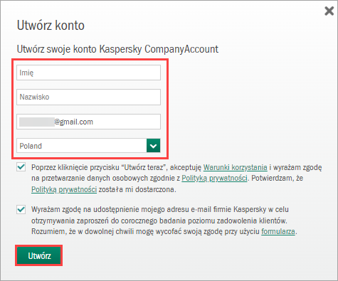 Utwórz konto dla nowego użytkownika Kaspersky CompanyAccount