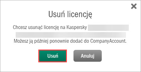 Potwierdzanie usunięcia licencji w Kaspersky CompanyAccount