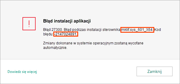 Błąd 27300 podczas instalacji aplikacji Kaspersky