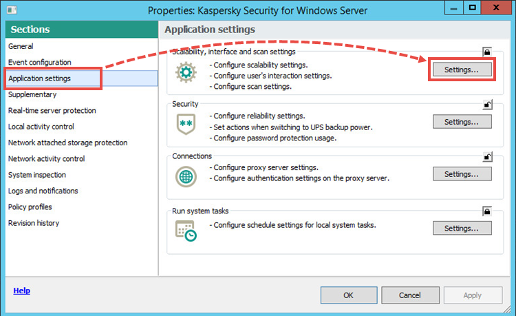 Okno Właściwości zasad Kaspersky Security for Windows Server