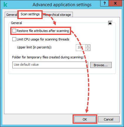 Odznaczenie pola Przywróć atrybuty pliku po skanowaniu w profilu Kaspersky Security for Windows Server