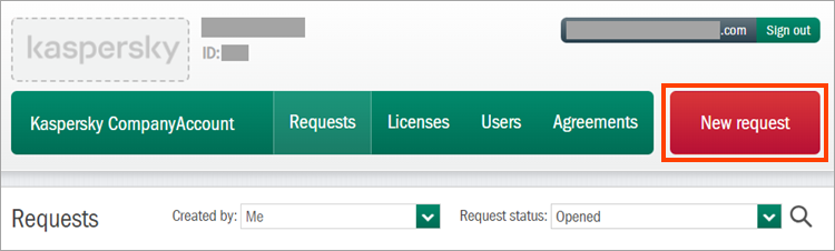 Creating a new request in Kaspersky CompanyAccount