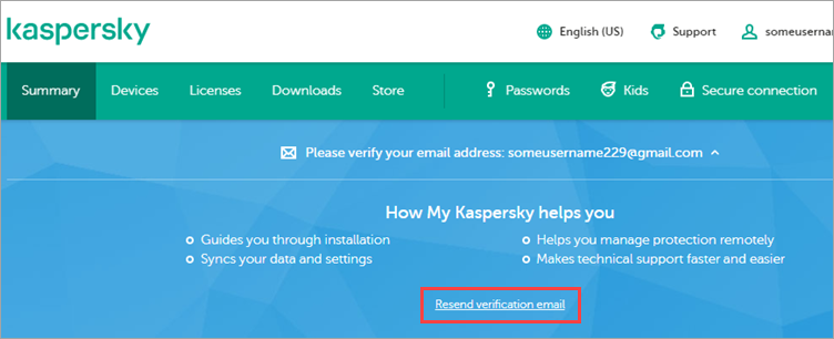 Notification on My Kaspersky for sending a new email